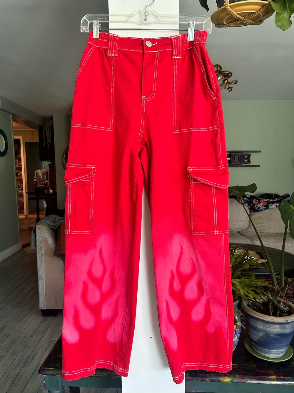 Almost Famous Red Cargo Pants Custom Flame Bleach Y2K Size M 28x28